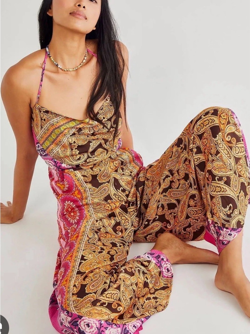 Women’s free people Pink & Brown Paisley silky Halter Jumpsuit